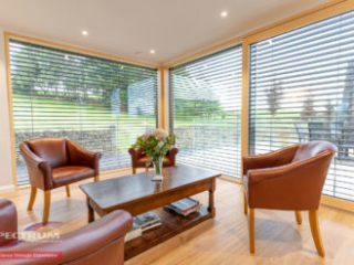 Internorm HS330 timber-aluminium sliding doors with exterior shading blinds - interior view Internorm HS330 timber-aluminium sliding doors with exterior shading blinds - interior view
