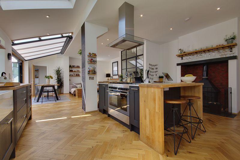 Solarlux Avantgarde Oak/Aluminium Glass Roof in a kitchen extension