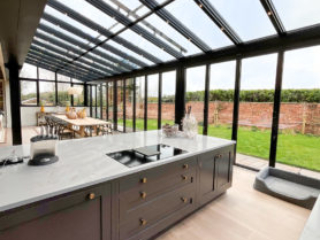 View of the Solarlux glass extension form the kitchen end